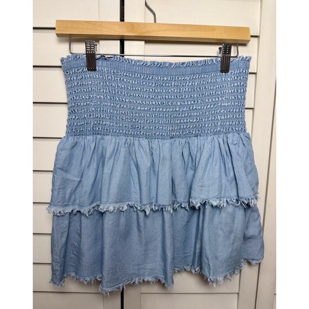 Aerie Smocked Tiered Fringe Ruffle Chambray Denim Mini Skirt Women's Size Small - Picture 8 of 8